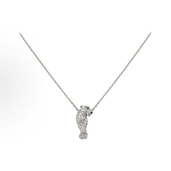 Cartier 18K white gold leopard pendant necklace for women in silver