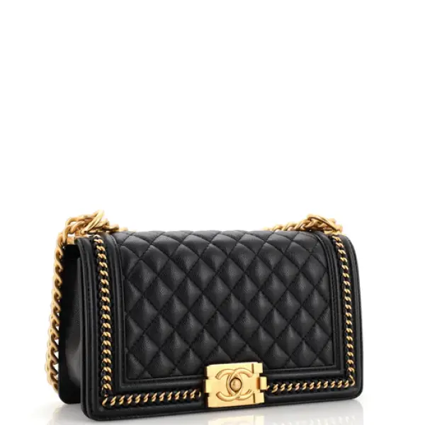 Chanel Boy Flap Bag Quilted Caviar with Whipstitch Chain Detail Old Medium