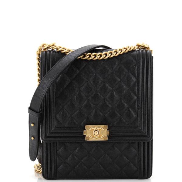 Chanel North South Boy Flap Bag Quilted Caviar Large