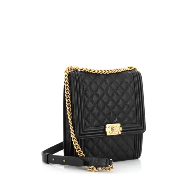Chanel North South Boy Flap Bag Quilted Caviar Large