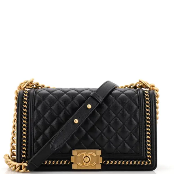 Chanel Boy Flap Bag Quilted Caviar with Whipstitch Chain Detail Old Medium
