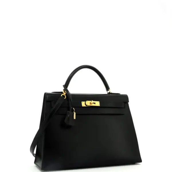 Hermes Kelly Handbag Noir Box Calf with Gold Hardware 32